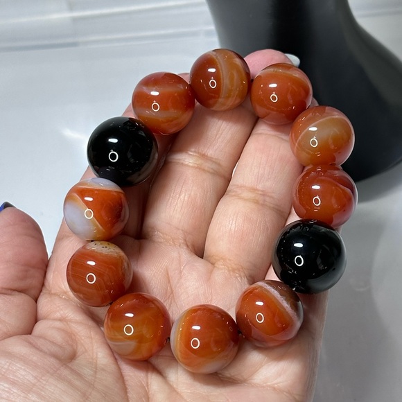 ORANGE SARDONYX + BLACK ONYX NATURAL STONES BRACELET size 7” - Picture 9 of 15